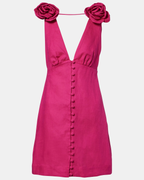 Floral-Appliqué Linen Minidress