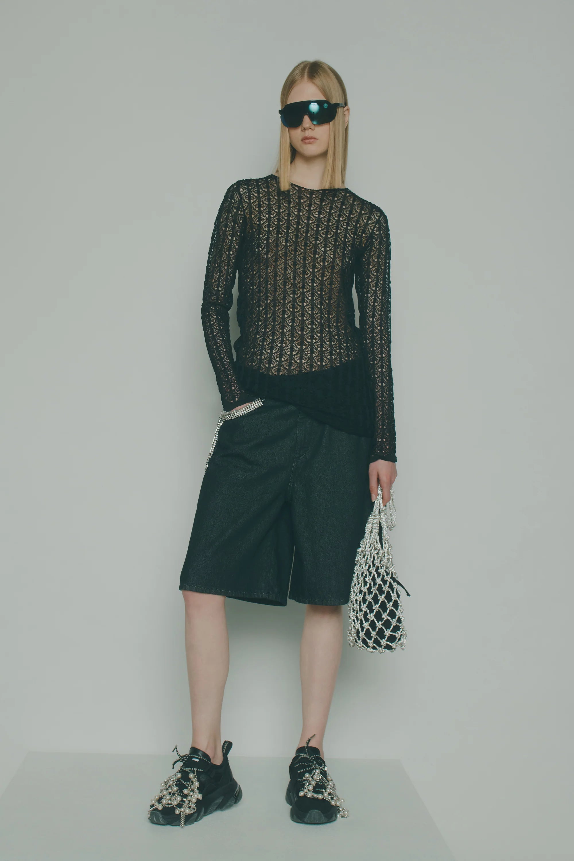 Denim Organza Strass Bermuda Shorts