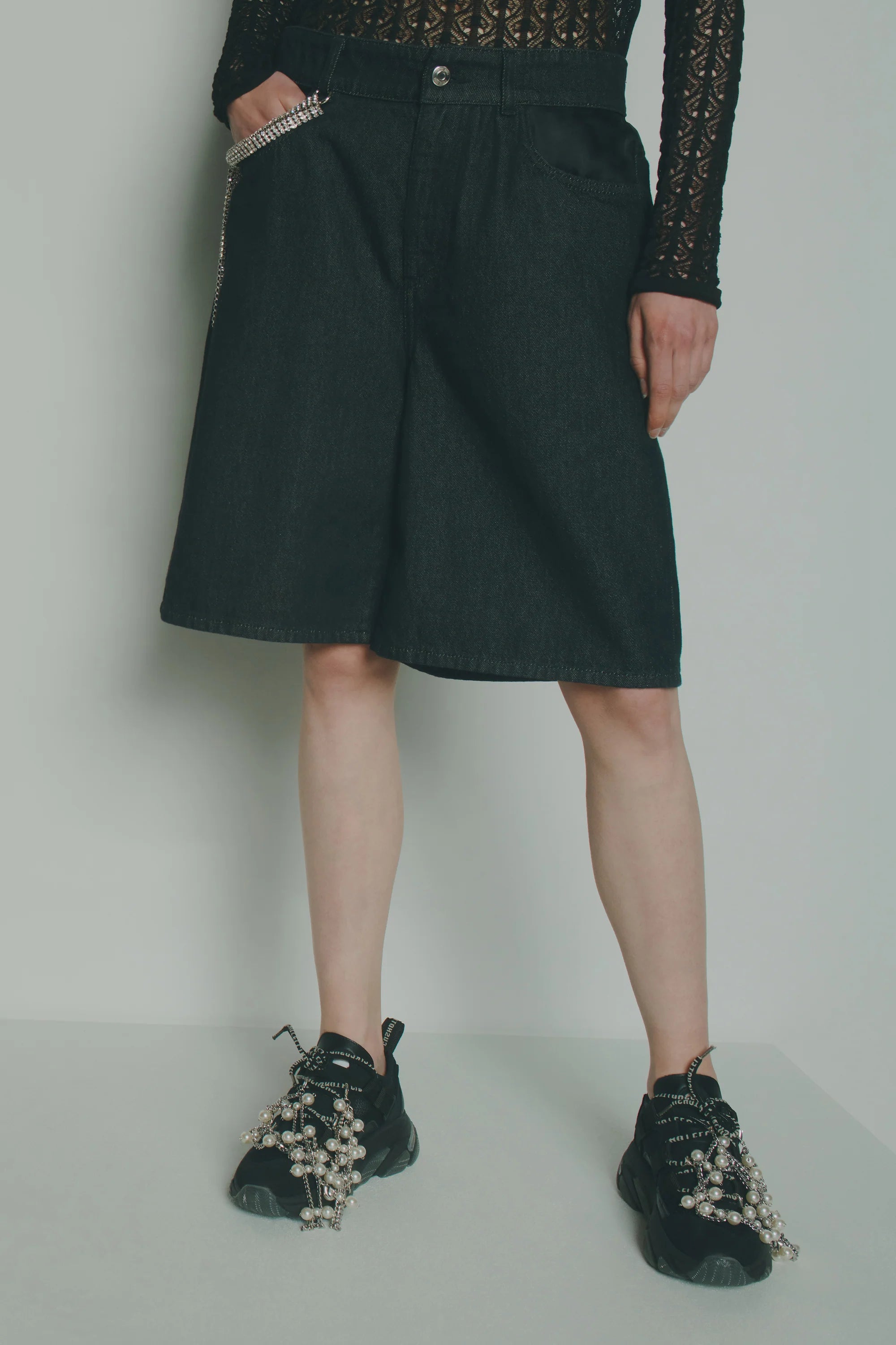 Denim Organza Strass Bermuda Shorts