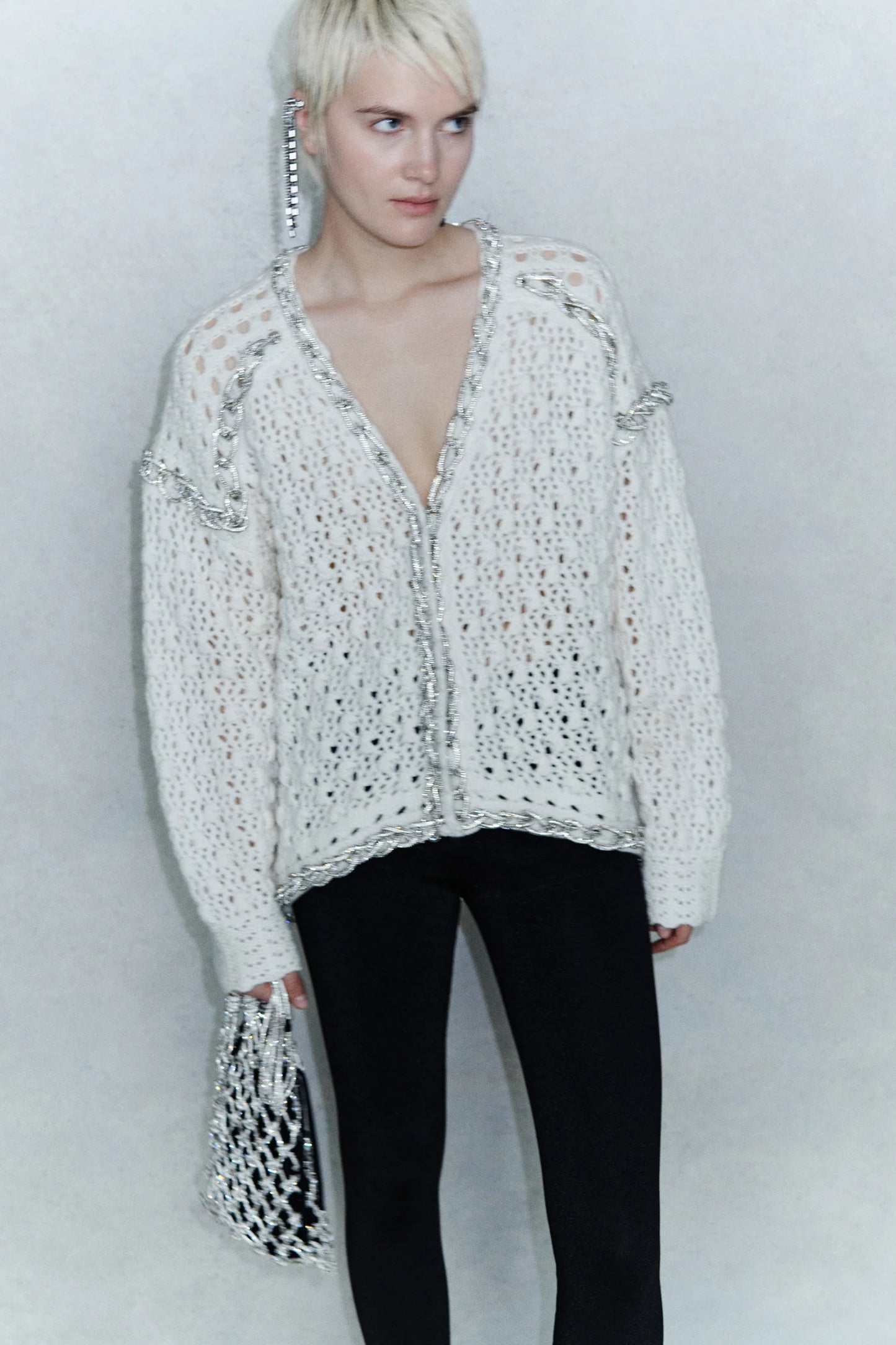 White Cardigan With Rhinestone Detail