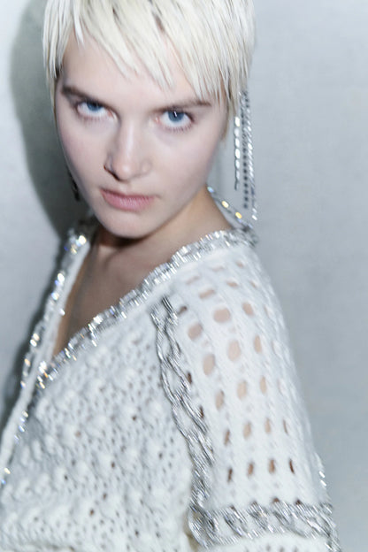 White Cardigan With Rhinestone Detail
