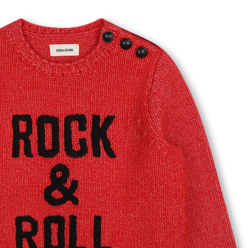 Червен пуловер с надпис Rock & Roll за момиче