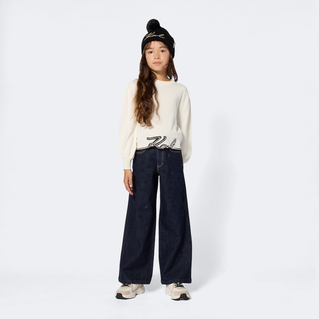 Тъмносини широки дънки с камъчета за момиче