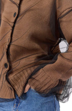 Beige Wool Blend Cardigan With Tulle Layer