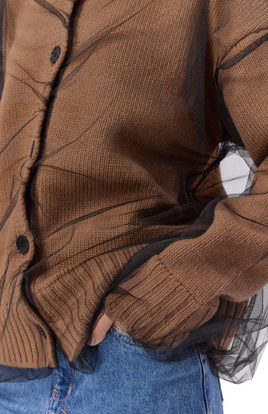 Beige Wool Blend Cardigan With Tulle Layer