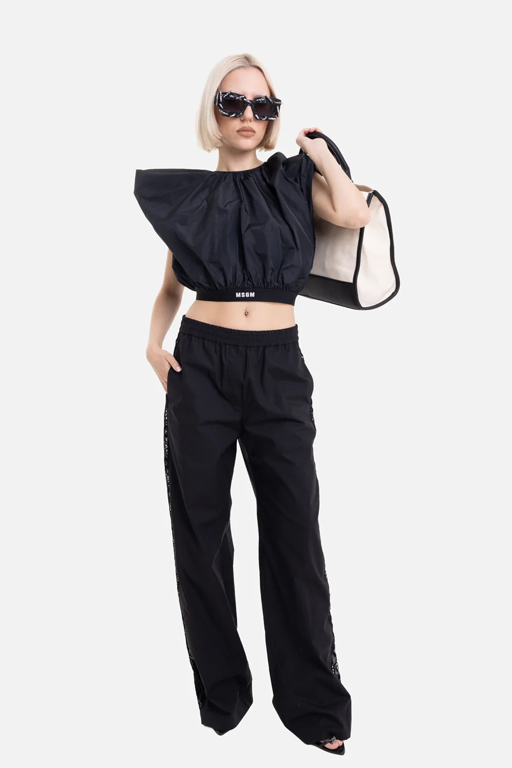 Lace Panel Cotton Wide-Leg Pants