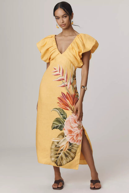 Farm Rio - Рокли - Flowers Linen Midi Dress - Love|Labels
