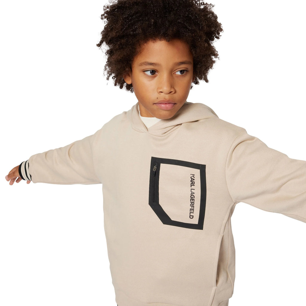 Beige Black Logo Hoodie