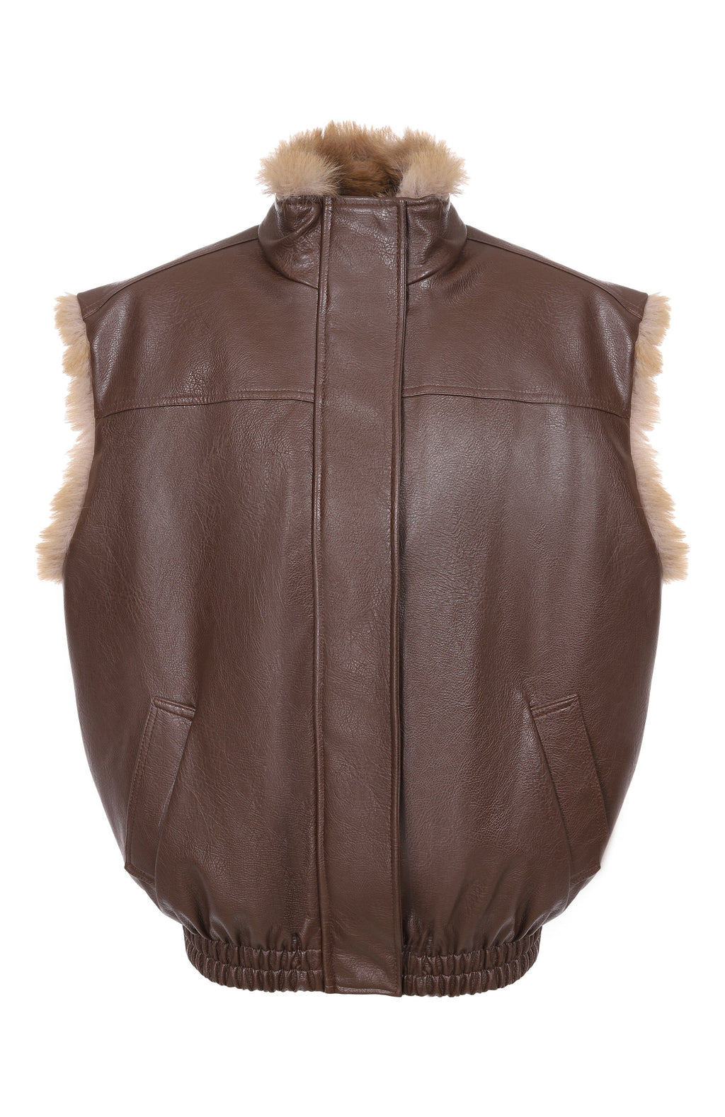 Brown Reversible Faux Leather Fur-Trim Vest