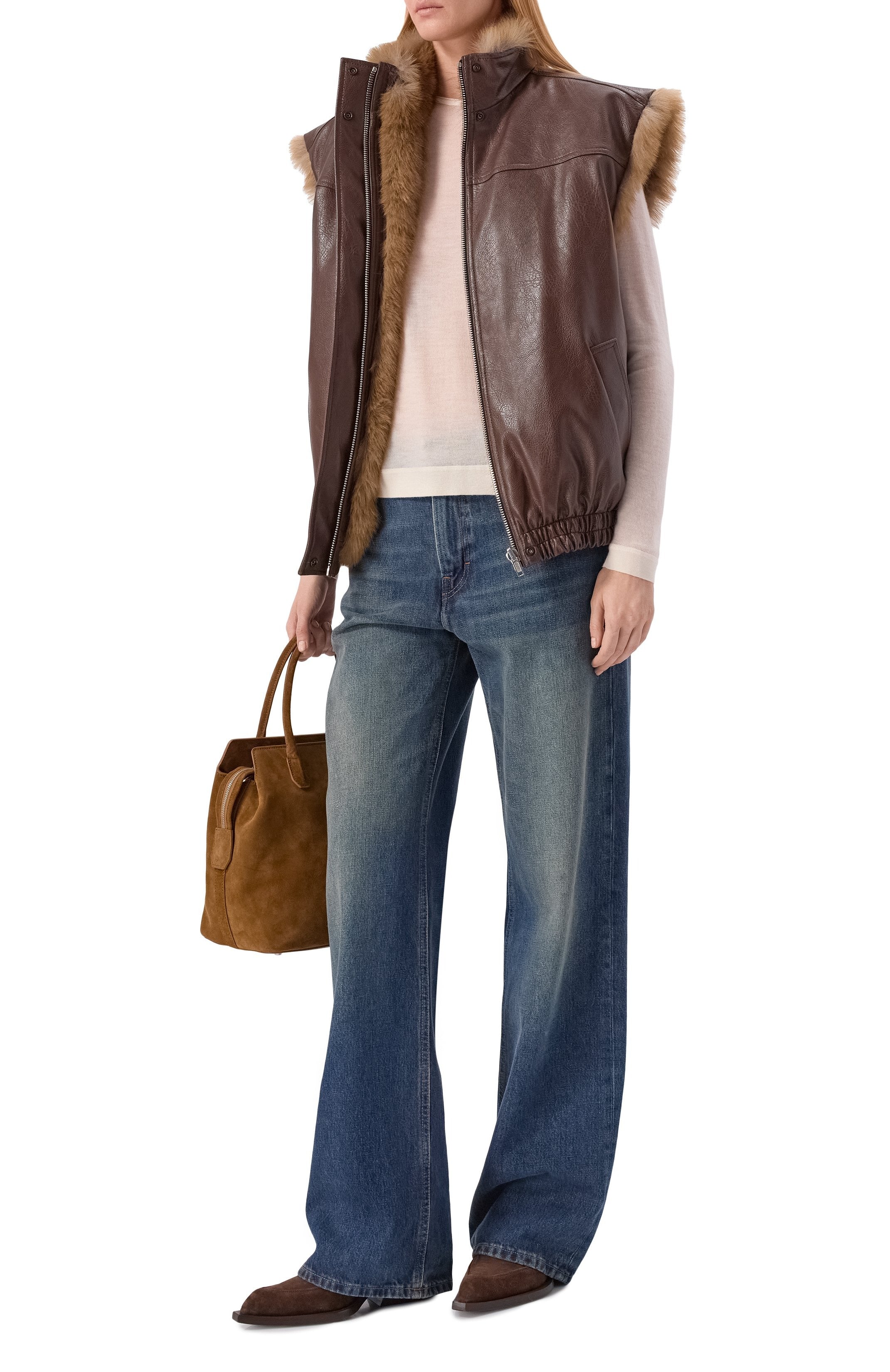 Brown Reversible Faux Leather Fur-Trim Vest