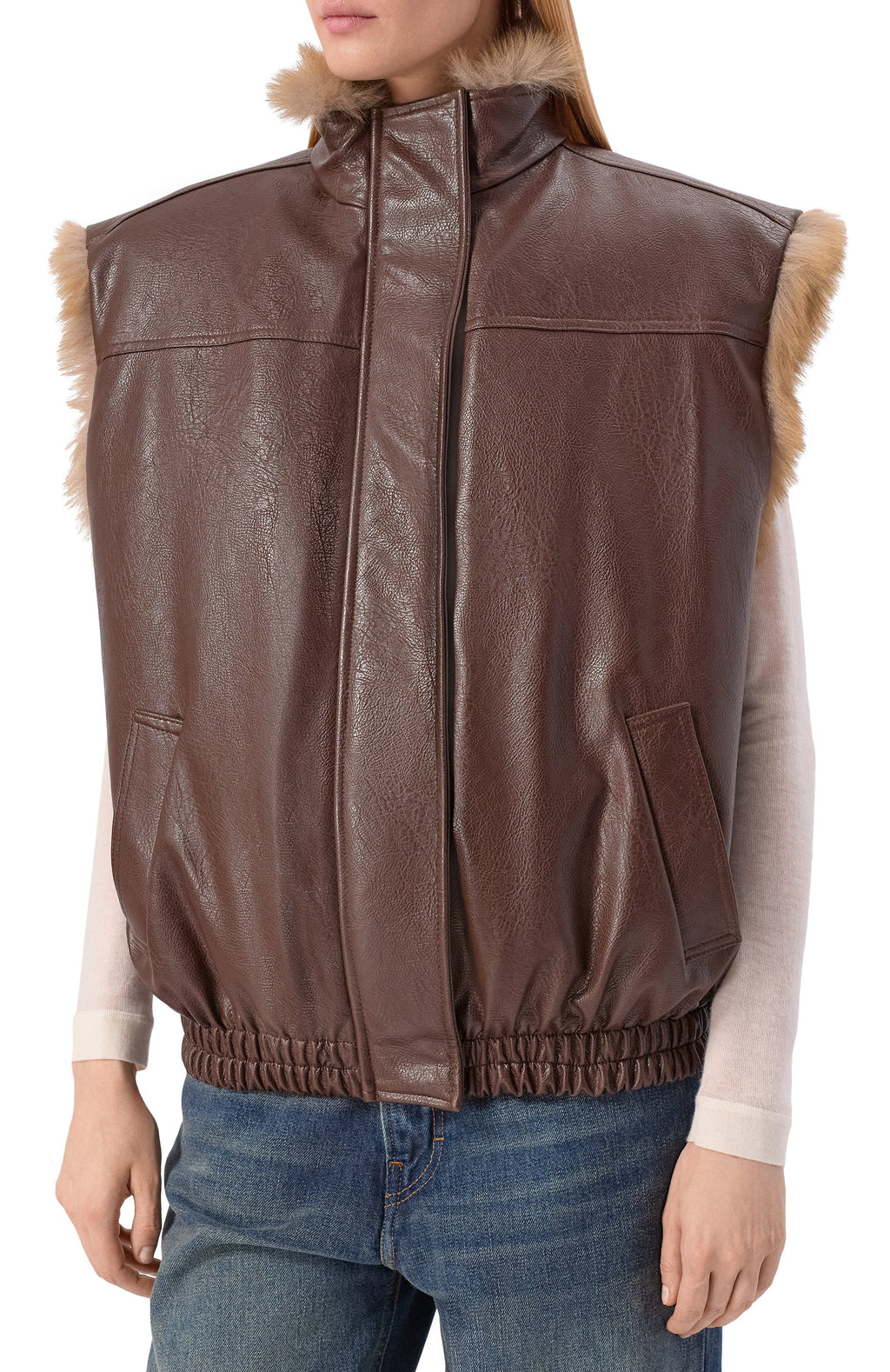 Brown Reversible Faux Leather Fur-Trim Vest