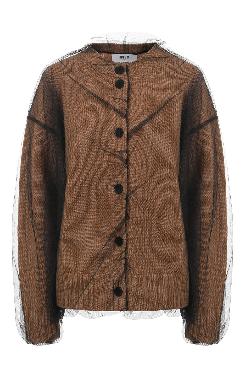 Beige Wool Blend Cardigan With Tulle Layer