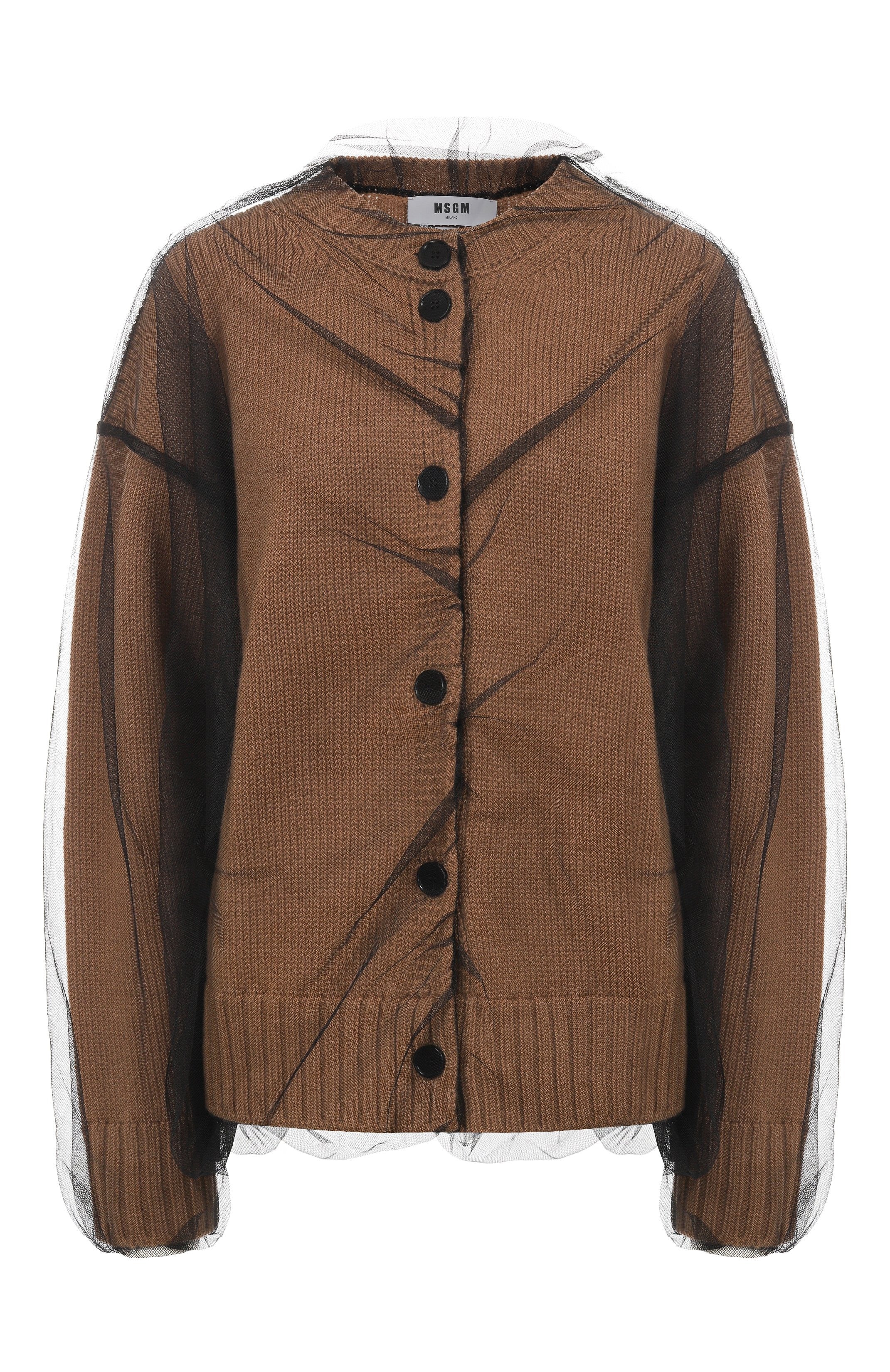 Beige Wool Blend Cardigan With Tulle Layer