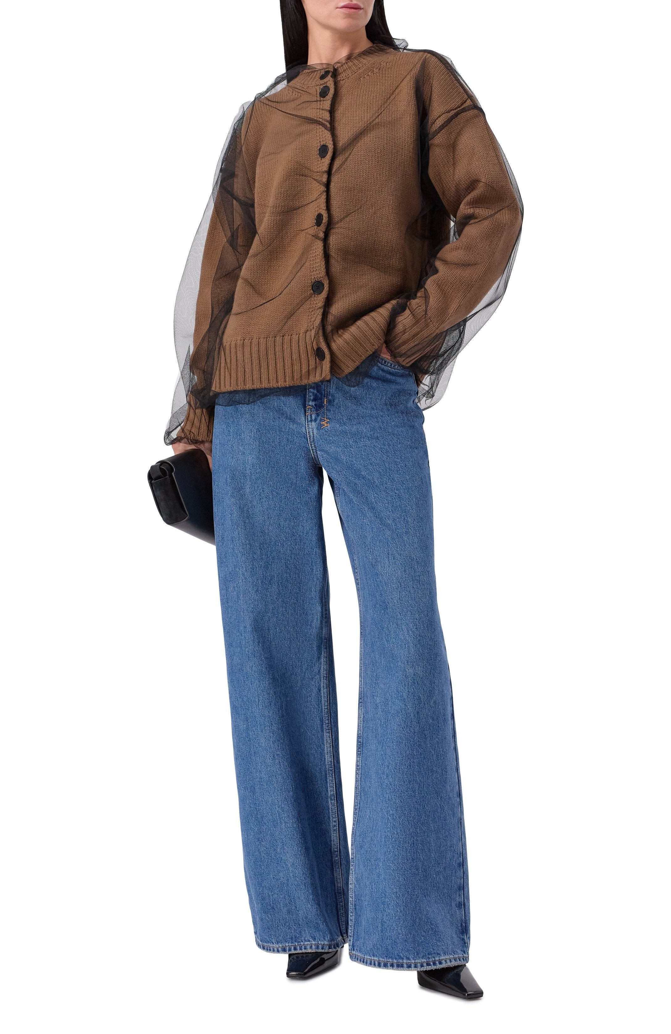 Beige Wool Blend Cardigan With Tulle Layer