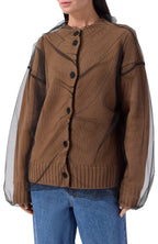 Beige Wool Blend Cardigan With Tulle Layer