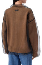 Beige Wool Blend Cardigan With Tulle Layer