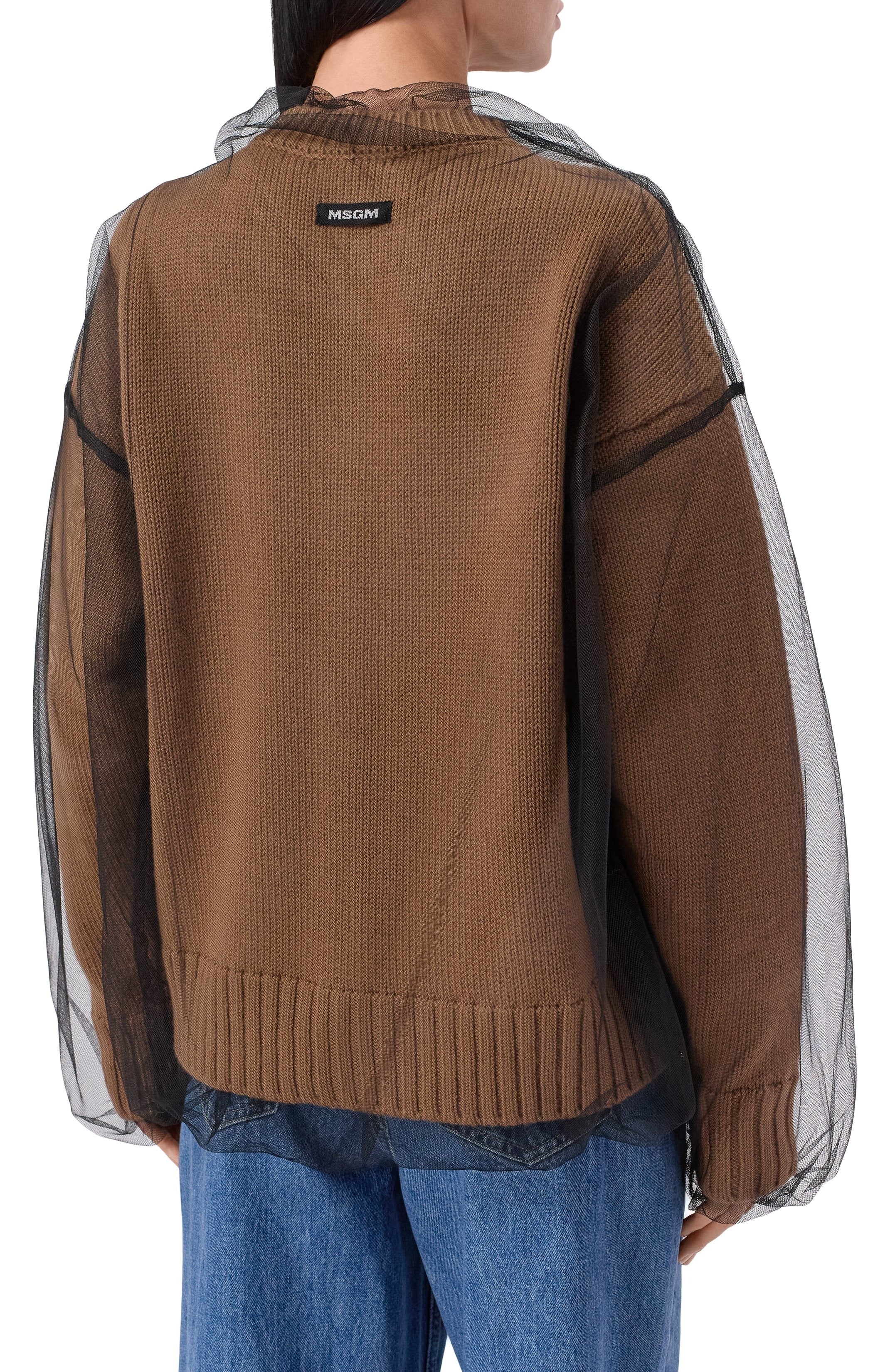 Beige Wool Blend Cardigan With Tulle Layer