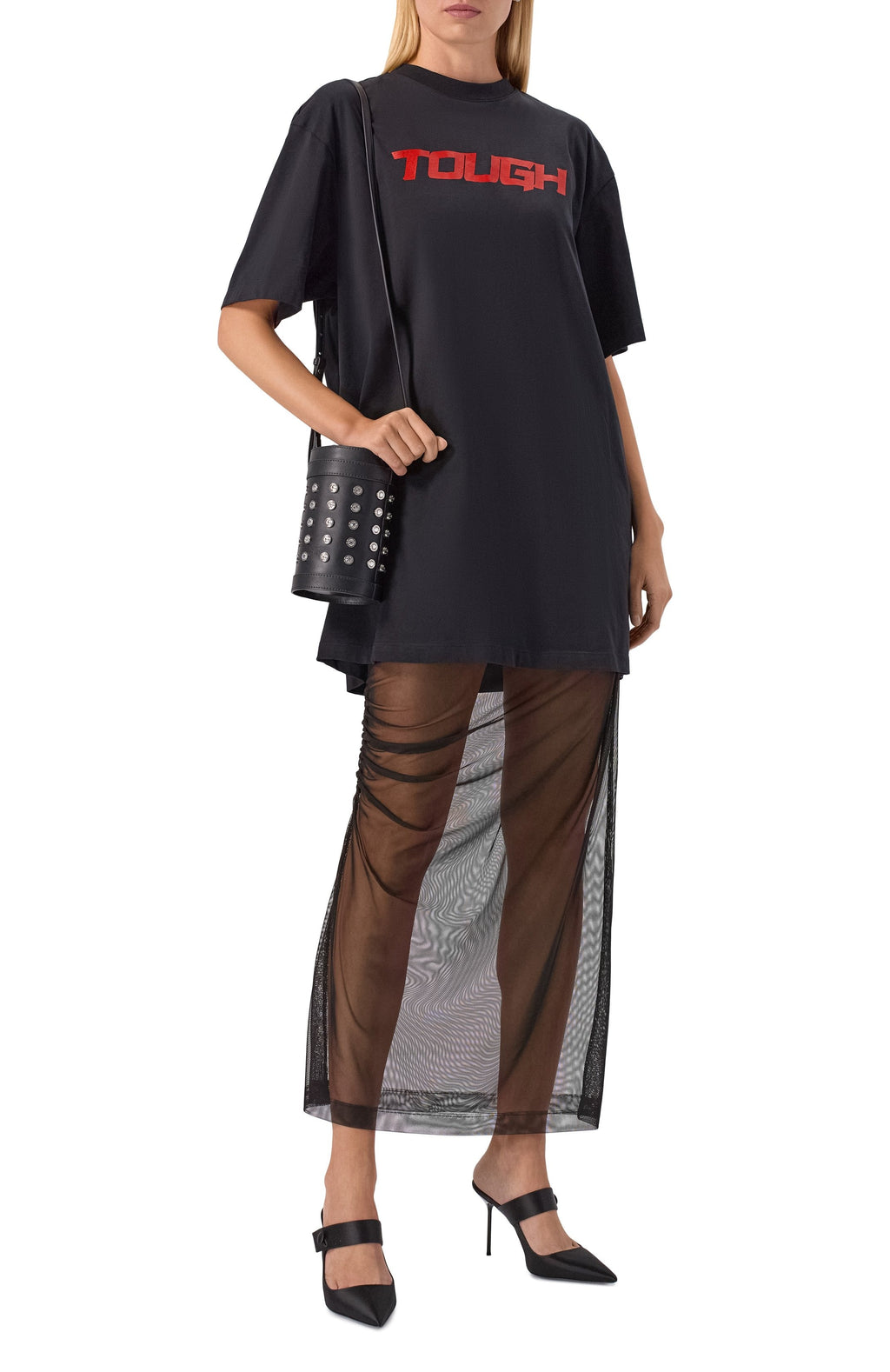 Long Black Dress In Mixed Tulle With Print