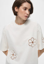 Cream T-Shirt With Floral Embroidery