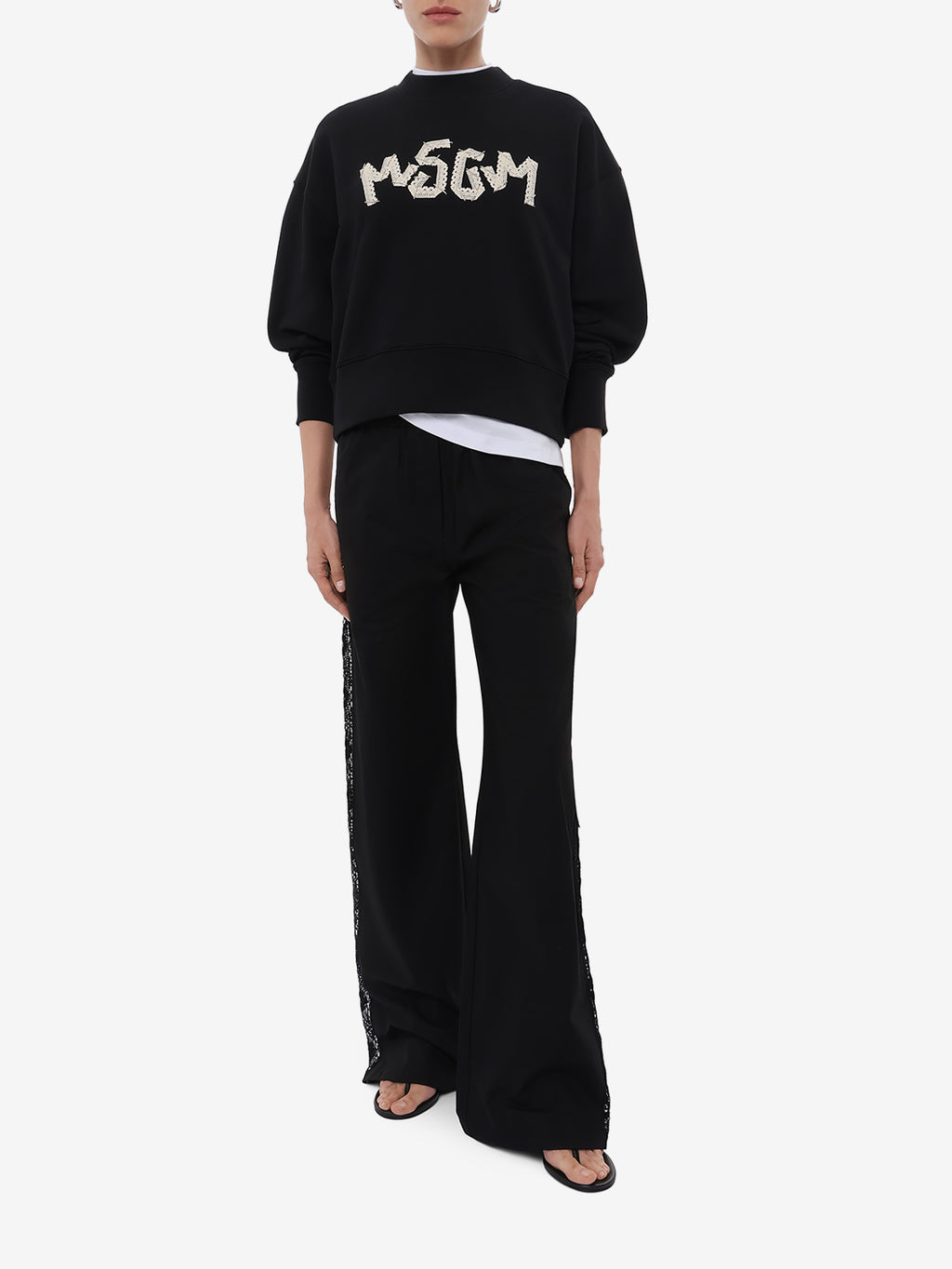 Lace Panel Cotton Wide-Leg Pants
