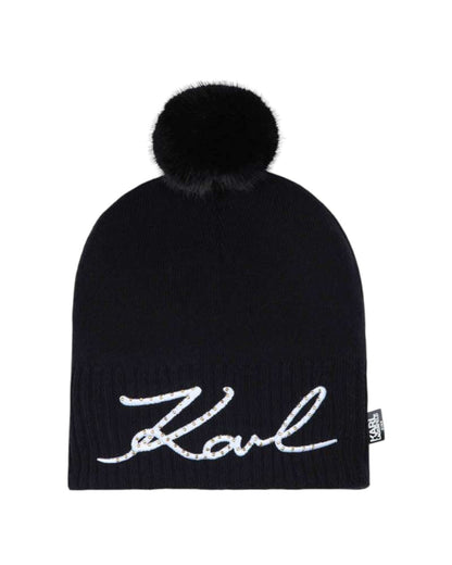Black Logo Pom-Pom Beanie