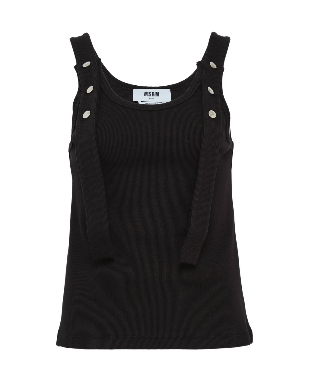 Black Ribbed Cotton Top With Straps And Metal Buttons