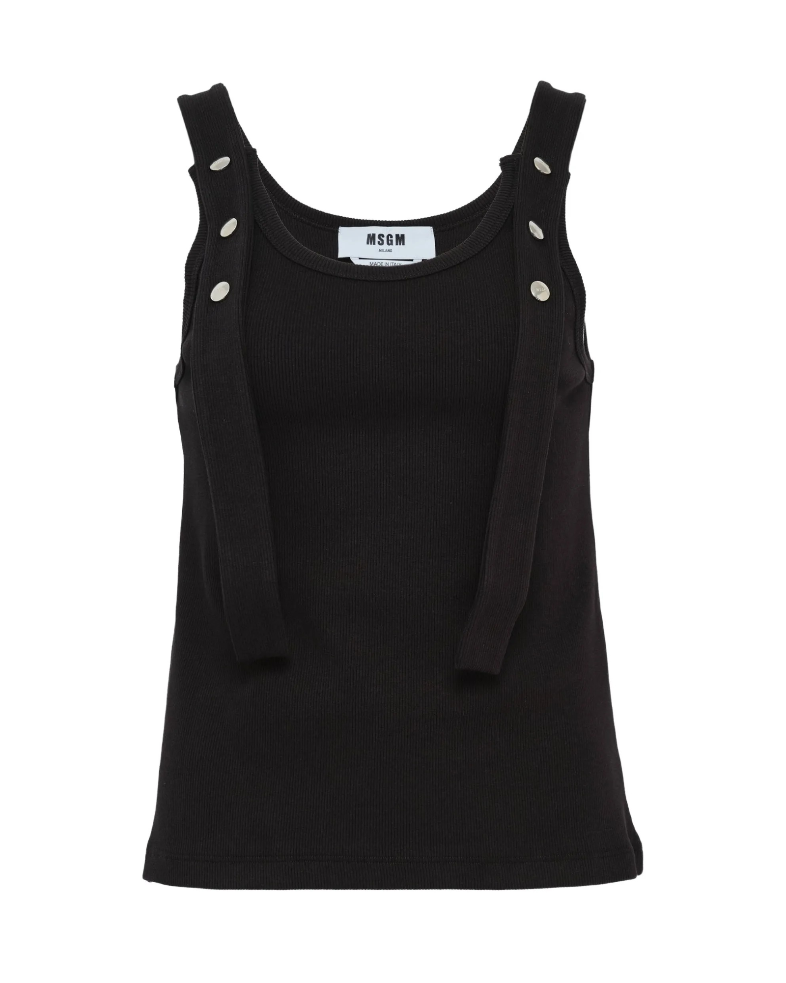 Black Ribbed Cotton Top With Straps And Metal Buttons