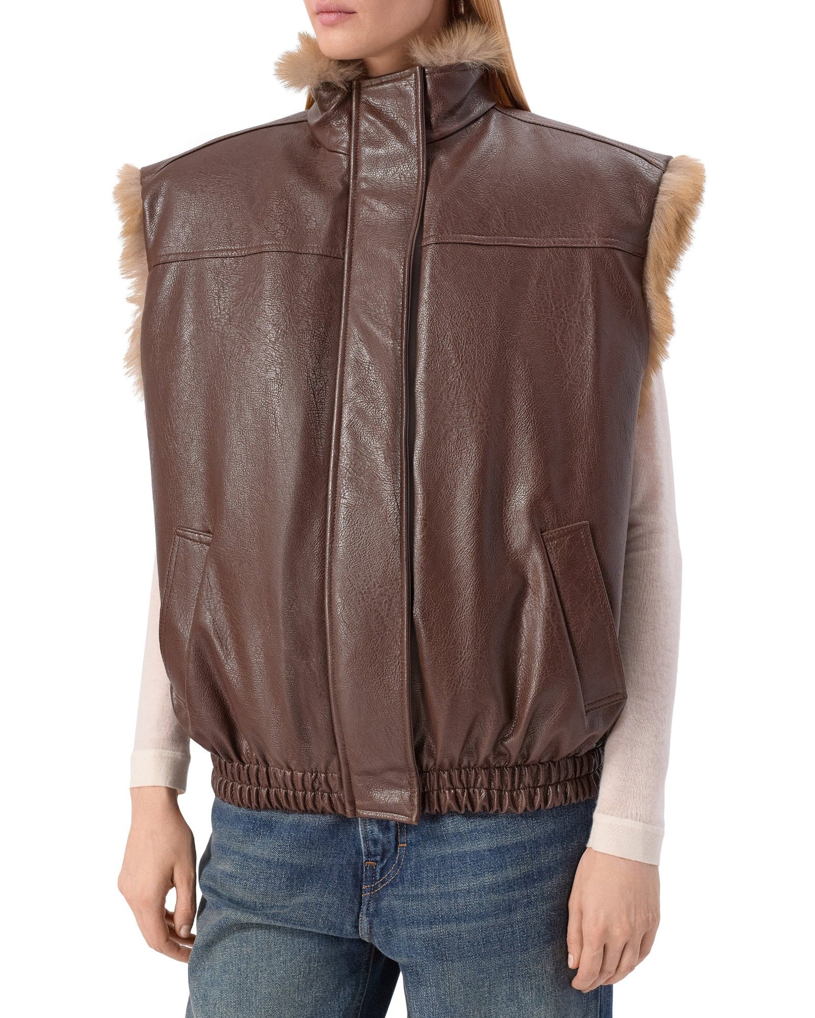 Brown Reversible Faux Leather Fur-Trim Vest